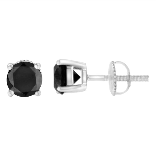 .925 Sterling Silver 2.00 Cttw Round Brilliant-Cut Black Diamond Classic 4-Prong Stud Earrings with Screw Backs (Fancy Color-Enhanced, I2-I3 Clarity)