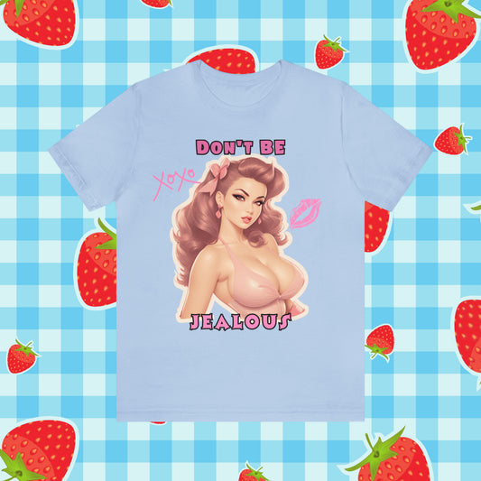 Timeless Elegance: Vintage Pink Pinup Girl "Don't Be Jealous" on a Bella+Canva 3001 Unisex Jersey T-Shirt - A Must-Have Gift for her