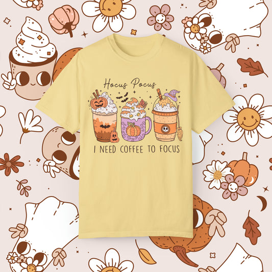 Hocus Pocus I need Coffee to Focus Retro Groovy Halloween Unisex Garment-Dyed T-shirt Gifts for Him Gifts for Her