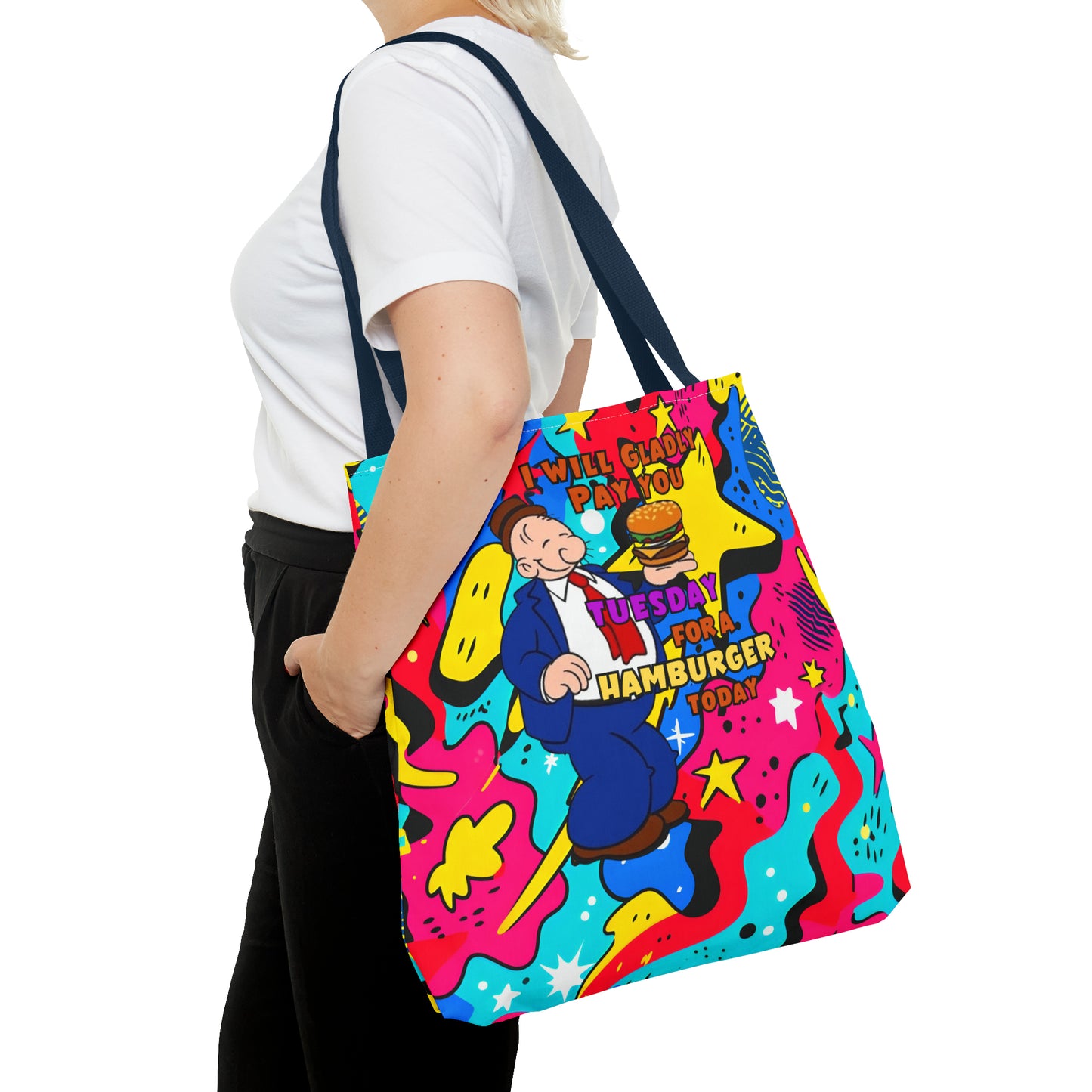 Abstract Comic Pop AOP Tote Bag featuring Wimpy and his beloved hamburger