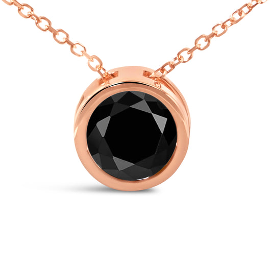 14K Rose Gold 3 1/2 Cttw Bezel-Set Black Round Diamond Solitaire Pendant Necklace (Black Color, I2-I3 Clarity) - 18"
