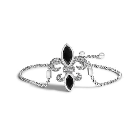 .925 Sterling Silver Marquise Black Onyx and Diamond Accent Lariat 4â€-10†Fleur De Lis Adjustable Bolo Bracelet (I-J Color, I1-I2 Clarity)