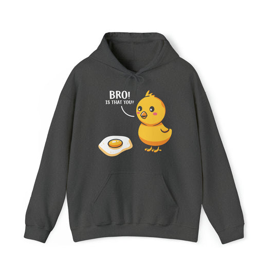 "DirkyThreadz 'Bro! Is That You?' Hoodie - Quirky Cartoon Chick and Egg Design"