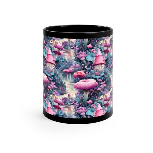 Fairy Garden Wonderland Cottages in a Enchanted Forest Mug with Whimsical Cottages and Pink Mushrooms in Fairycore Style 11oz Black Mug