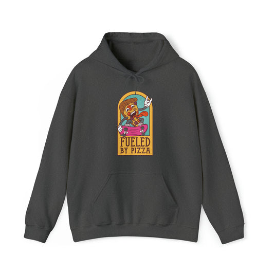 "DirkyThreadz Fueled By Pizza Hoodie - Playful Graphic Design for Pizza Lovers"