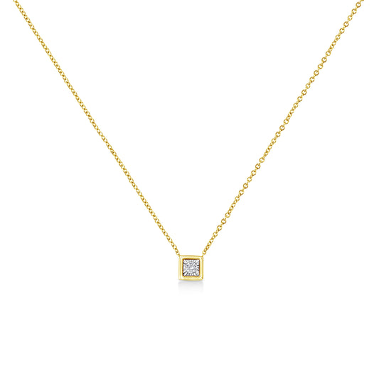 10K Yellow Gold Plated .925 Sterling Silver 1/10 Cttw Miracle Set Round Diamond Square Box Shape 18" Pendant Necklace (K-L Color, I2-I3 Clarity)