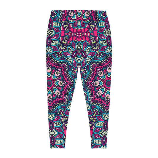 Boho Chic: Red and Blue All-Over Print Plus Size Leggings for Trendsetters