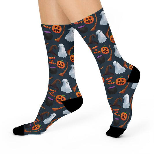 Halloween Trick or Treat Ghosts Witch Hats Jack o Lanterns Cushioned Crew Socks