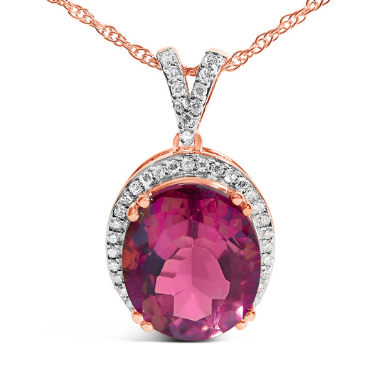 14K Rose Gold Vermeil Sterling Silver 1/5 Cttw Diamond Pink Quartz Oval Pendant Necklace
