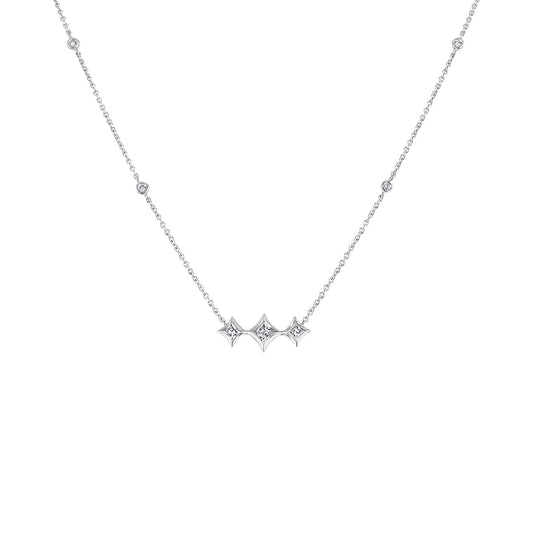 10K White Gold Bezel Set Princess Diamond 3 Stone Kite Shape and Station Necklace (H-I Color, SI2-I1 Clarity) - 18" Inches