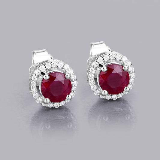 1.22 Carat Genuine Ruby and White Diamond 14K White Gold Earrings