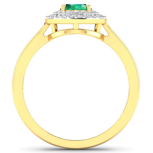0.88 Carat Genuine Zambian Emerald and White Diamond 14K Yellow Gold Ring