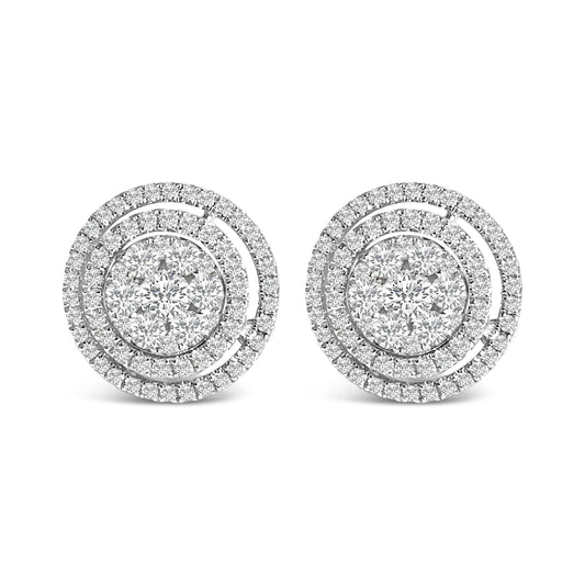 14K Gold 1 3/8 Cttw Diamond Cluster and Double Halo Stud Earring (G-H Color, SI1-SI2 Clarity)