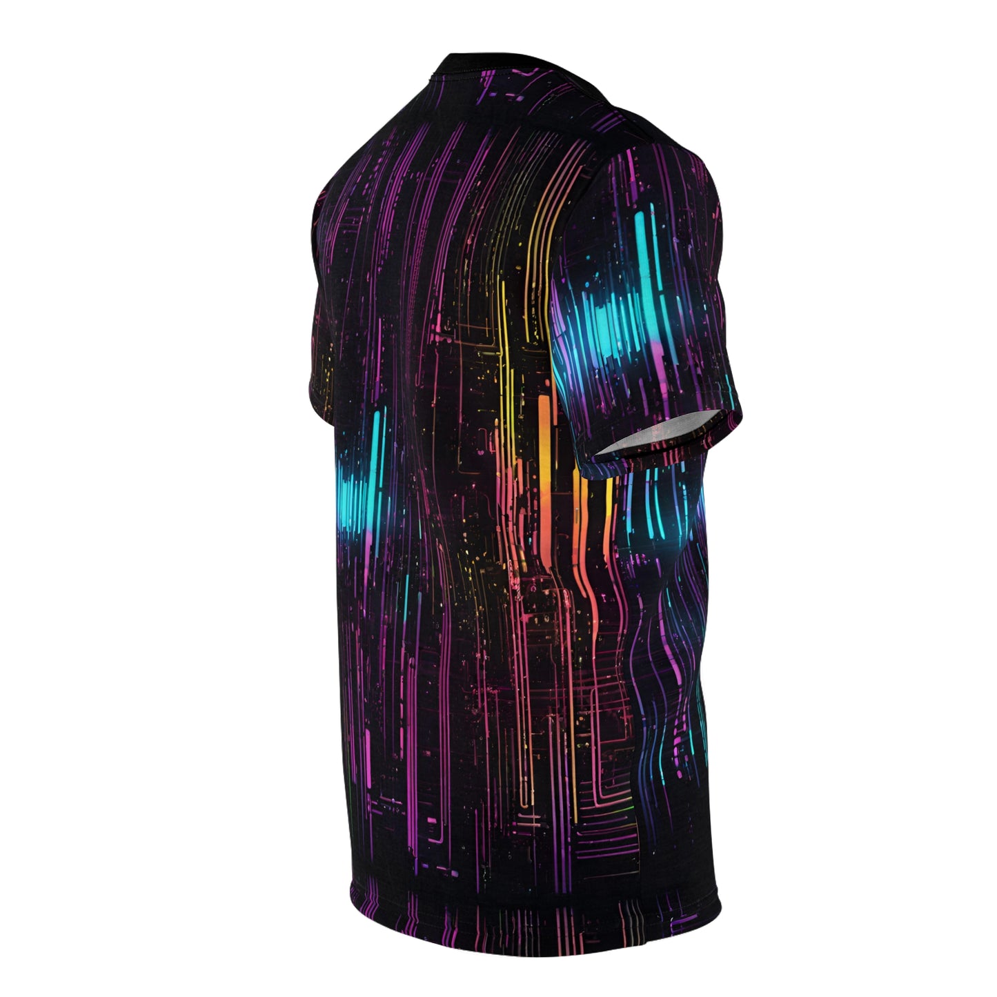 Unisex Cut & Sew Tee (AOP) - Futuristic Neon Lights on Circuit Board Cyberpunk