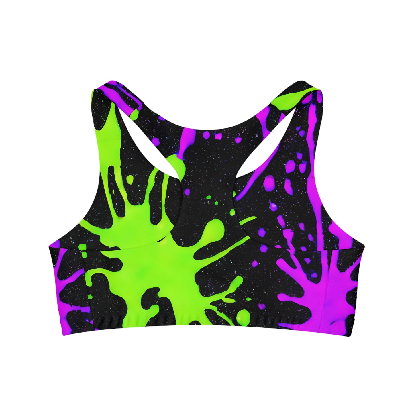 Seamless Sports Bra with Green and Pink Paint Splatter - Stylish Support for Your Active Lifestyle