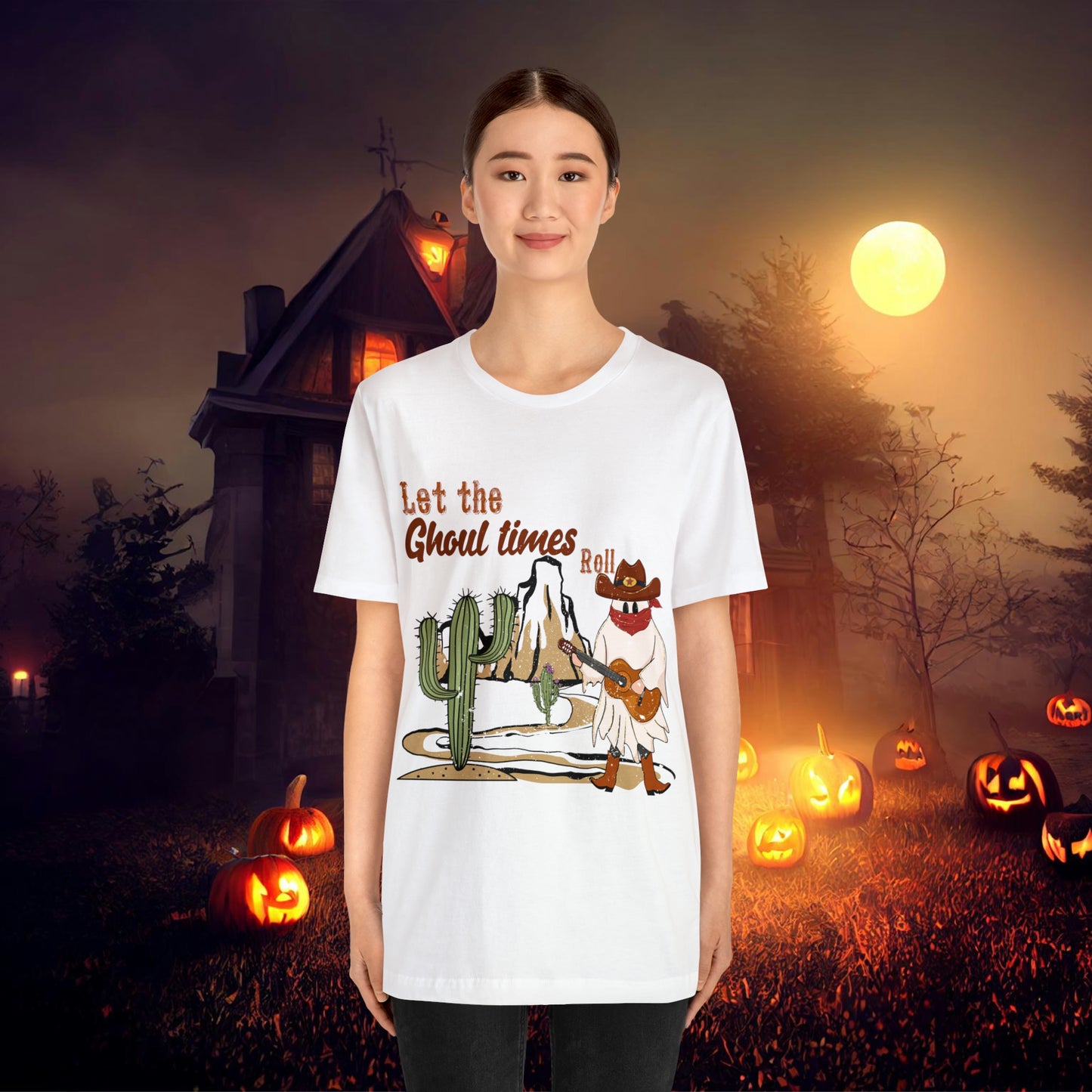 Cowboy Ghost playing the Guitar singing Let the Ghoul times roll Halloween Unisex Jersey Short Sleeve Tee Gifts for him Gifts for Her