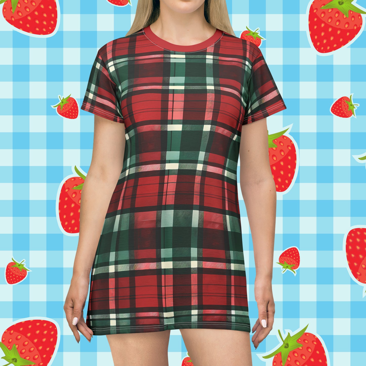 Chic and Festive: Christmas Plaid All Over Print T-Shirt Dress 🎄👗