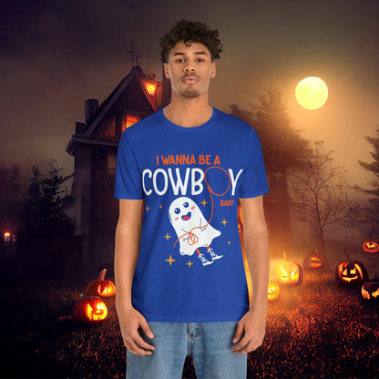Little Ghost Saying I wanna be a cowboy baby Retro Groovy Western Halloween Unisex Jersey Short Sleeve Tee Gifts for Him Gifts for her.