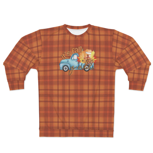 Vintage Blue Truck and Plaid Pattern Fall Unisex Sweatshirt (AOP) - Celebrate the Season in Style