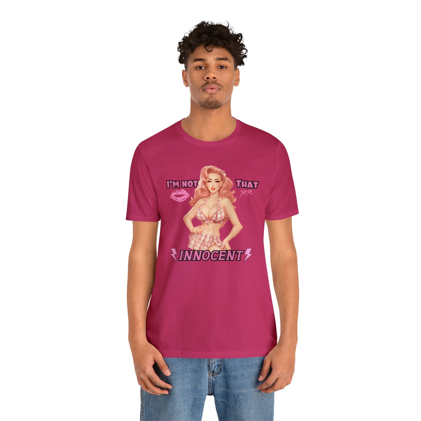 Timeless Elegance: Vintage Pink Pinup Girl "I'm not that Innocent on a Bella+Canva 3001 Unisex Jersey T-Shirt - A Must-Have Gift for her