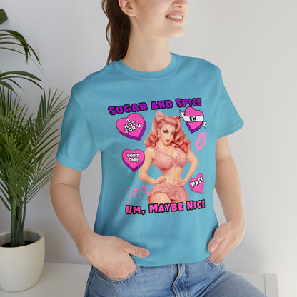 Sarcastic Elegance: Vintage Pink Pinup Girl "Sugar and Spice" on a Bella+Canva 3001 Unisex Jersey T-Shirt - A Must-Have Gift for her