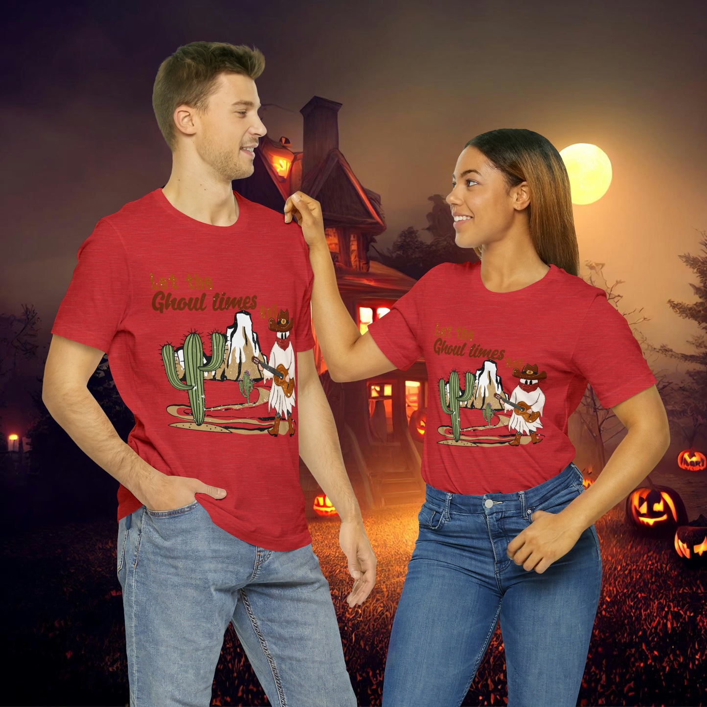 Cowboy Ghost playing the Guitar singing Let the Ghoul times roll Halloween Unisex Jersey Short Sleeve Tee Gifts for him Gifts for Her