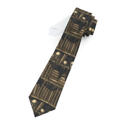 "DirkyThreadz Gothic Vintage Necktie - Antique Library and Skull Design for Bold Elegance"
