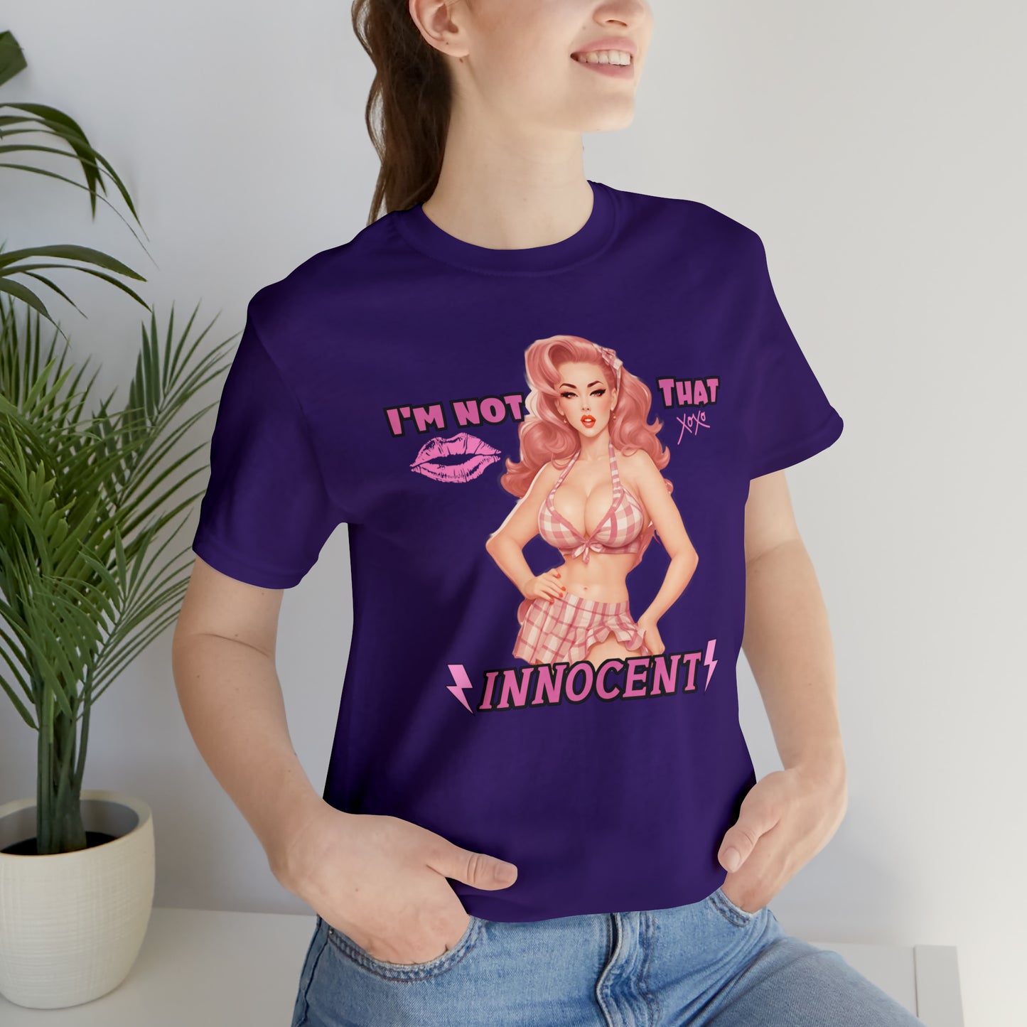 Timeless Elegance: Vintage Pink Pinup Girl "I'm not that Innocent on a Bella+Canva 3001 Unisex Jersey T-Shirt - A Must-Have Gift for her