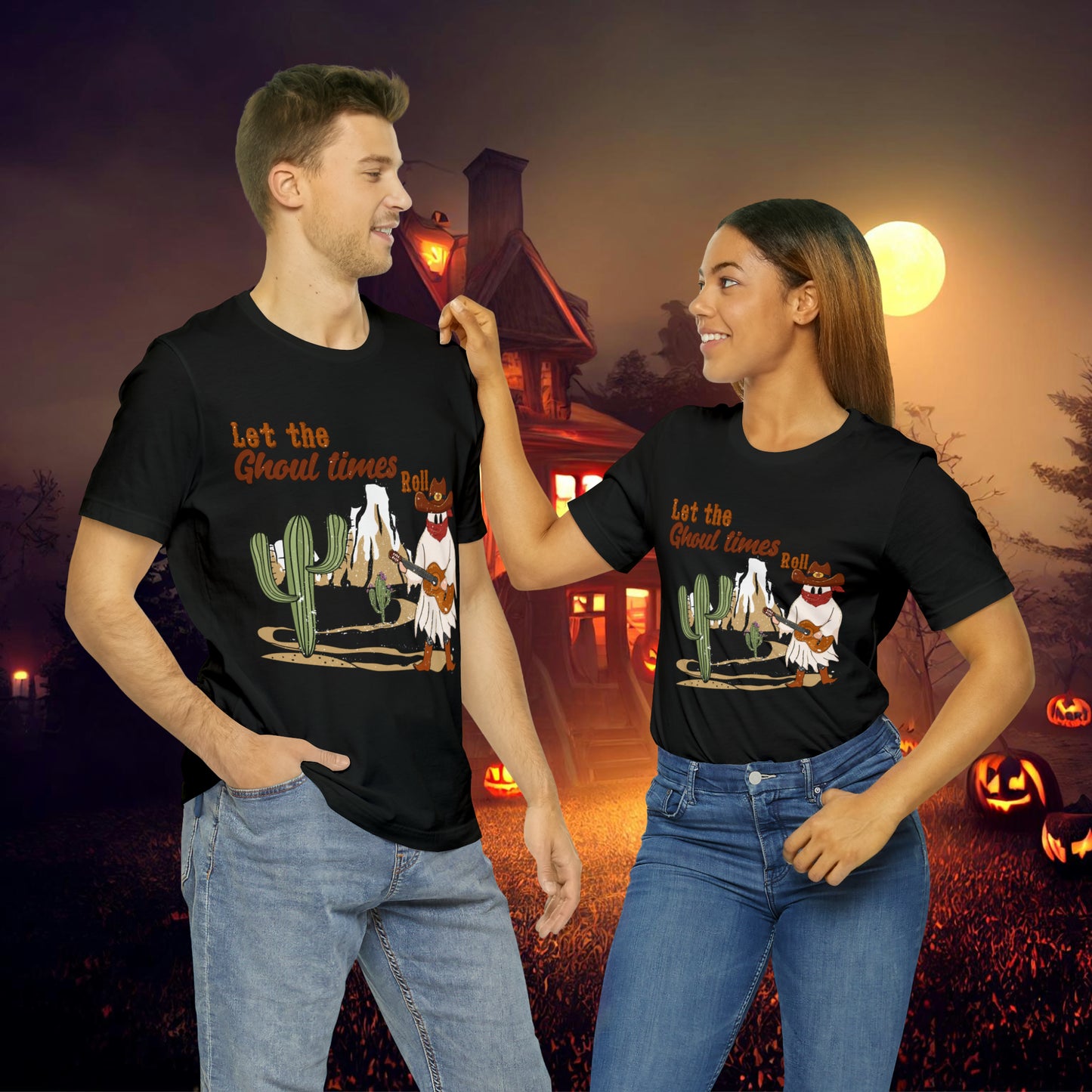 Cowboy Ghost playing the Guitar singing Let the Ghoul times roll Halloween Unisex Jersey Short Sleeve Tee Gifts for him Gifts for Her