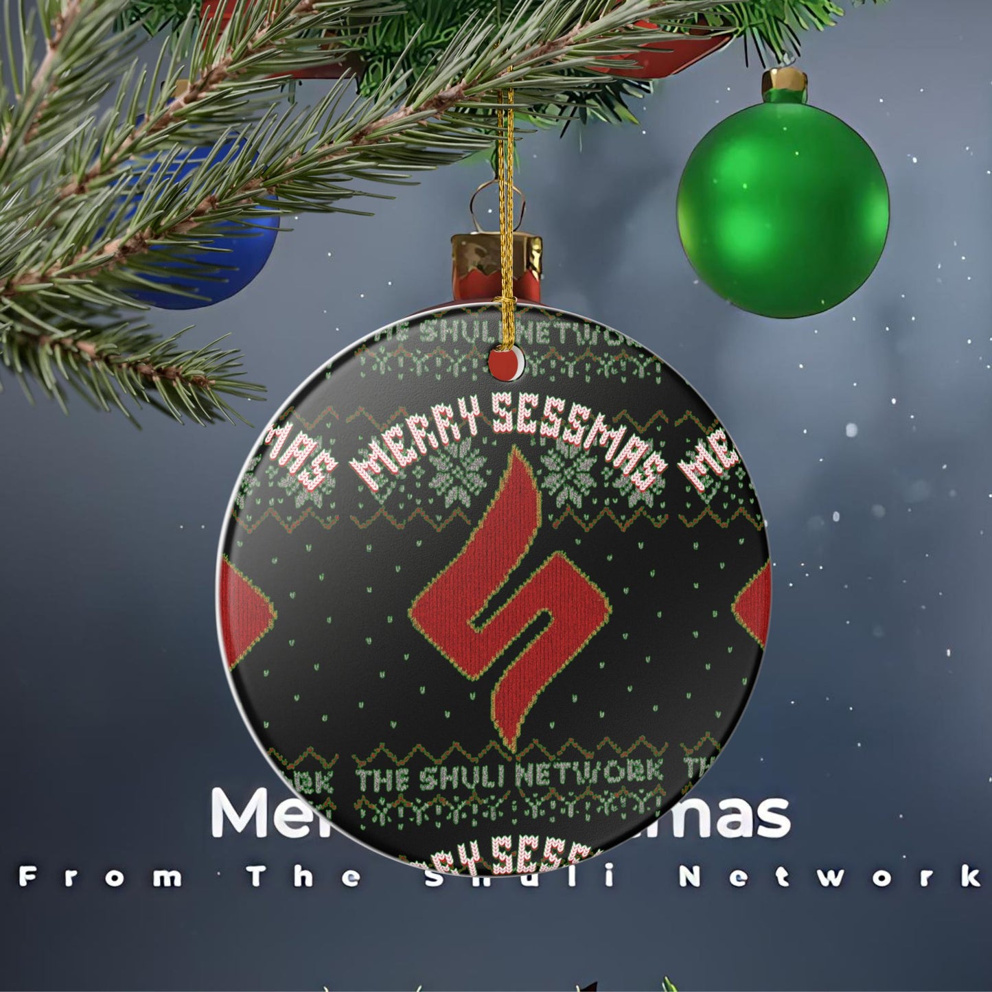 Ceramic Ornament — 'Merry Sessmas' Holiday Tree Decoration (Shuli Network Knit Design)