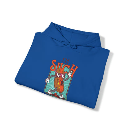 "DirkyThreadz Hot Dog Coolness Hoodie - Quirky Cartoon Design in Bold Blue"