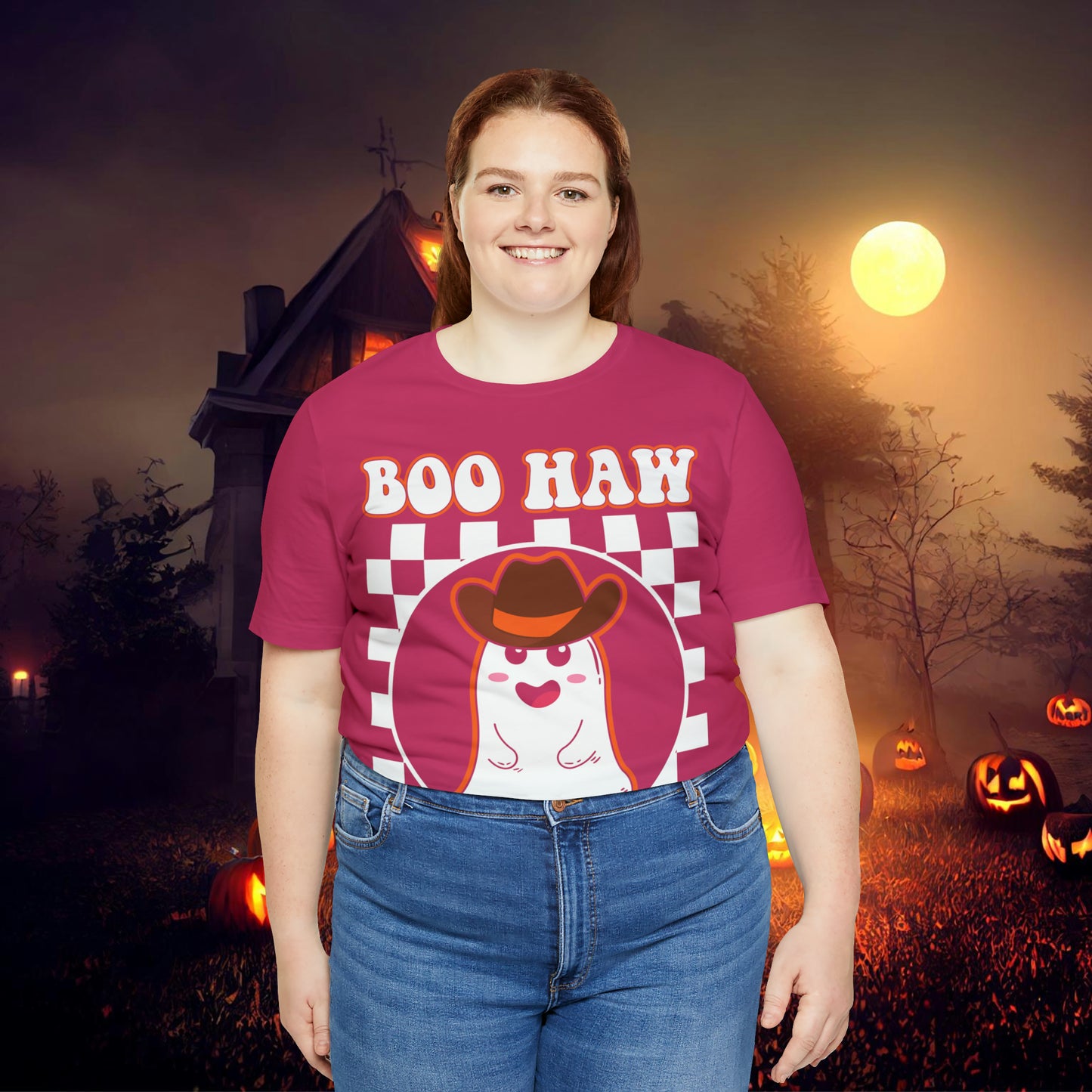 Cute Cowboy Ghost Saying Boo Haw Retro Groovy Western Halloween Unisex Jersey Short Sleeve Tee Gifts for Him Gifts For Her