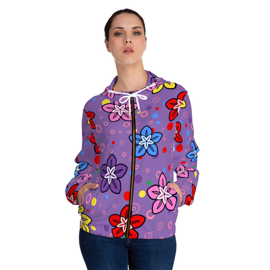 Good Times and Good Vibes Retro Colorful Flowers on a Purple background Womens Full-Zip Hoodie (AOP)