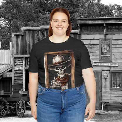 Spooky Saloon Showdown Gunslinging Skeleton Cowboy Halloween Unisex Jersey Short Sleeve Tee