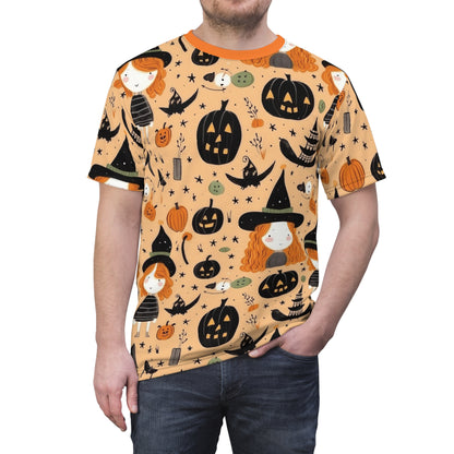 Halloween Trick or Treat Ghosts Witch Hats Jack o Lanterns Unisex Cut & Sew Tee (AOP)