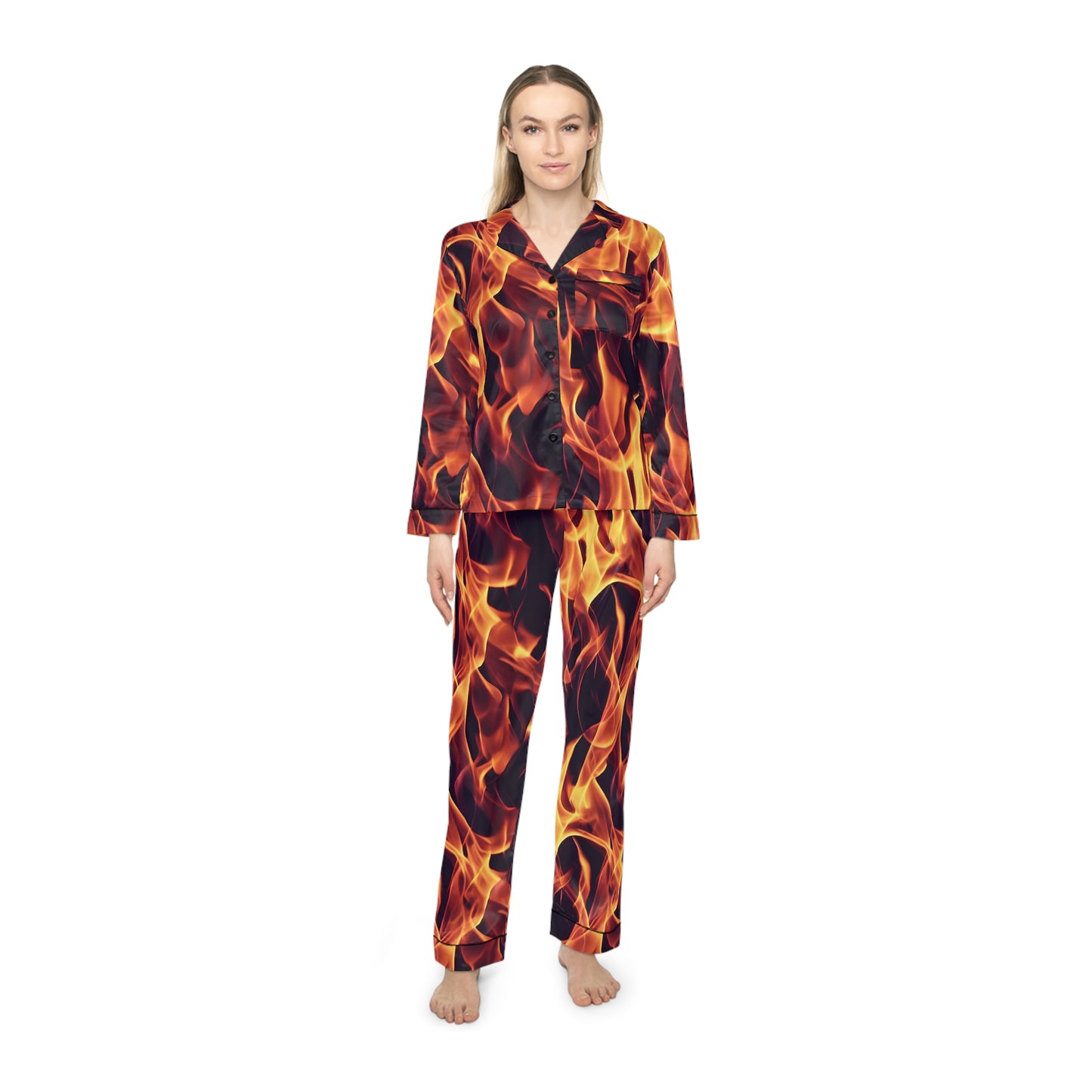 Women's Satin Pajamas with Orange Flame All Over Print (AOP) - Luxurious Comfort in a Fiery Design