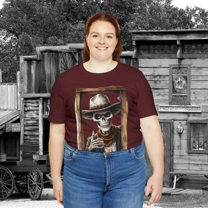 Spooky Saloon Showdown Gunslinging Skeleton Cowboy Halloween Unisex Jersey Short Sleeve Tee