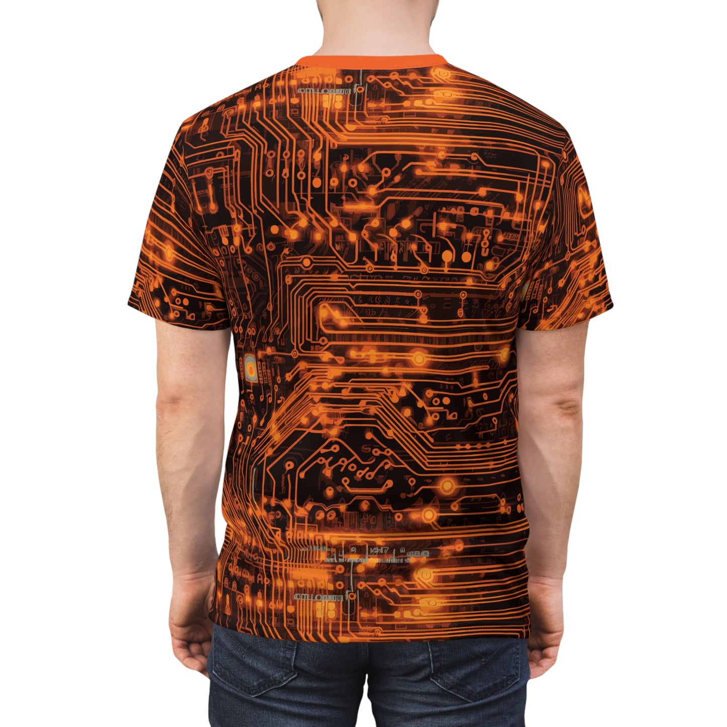 CyberPunk Cybernetic Skull breaking through a Orange Neon Circuit Board Unisex Cut & Sew Tee (AOP) Gifts for her Gifts for Him