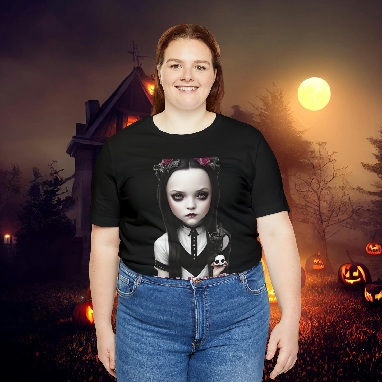 Wednesday Addams Chibi by Charlie Bowater This Is my Resting Witch Face Halloween Unisex Jersey Short Sleeve Tee