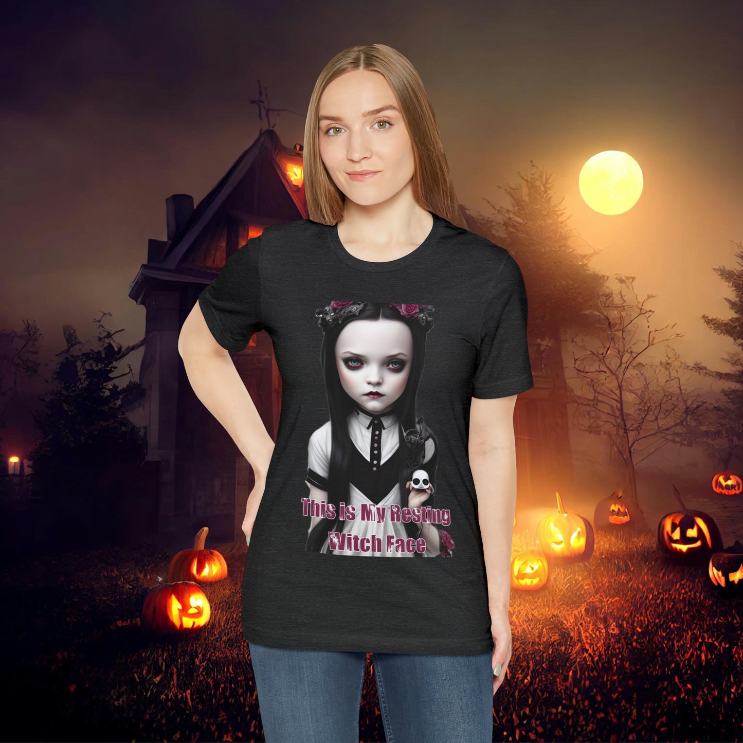 Wednesday Addams Chibi by Charlie Bowater This Is my Resting Witch Face Halloween Unisex Jersey Short Sleeve Tee