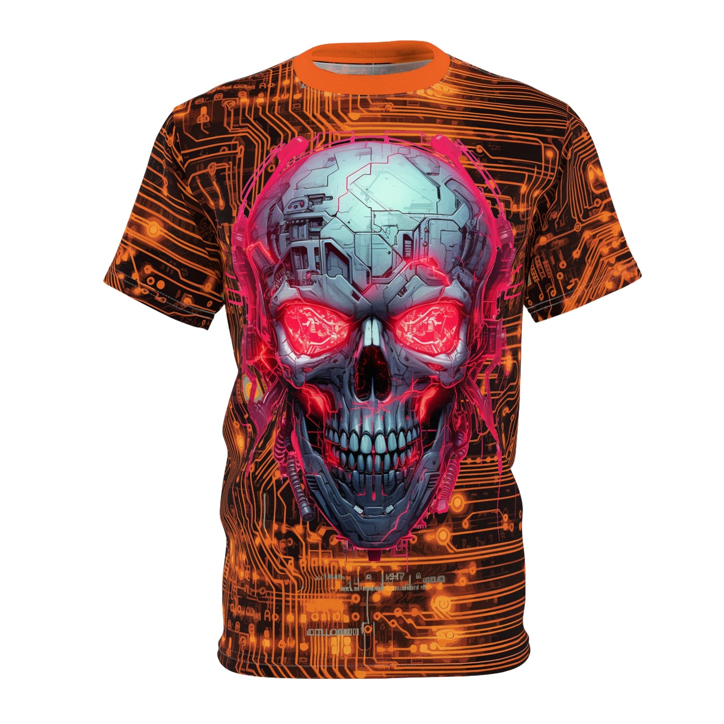 CyberPunk Cybernetic Skull breaking through a Orange Neon Circuit Board Unisex Cut & Sew Tee (AOP) Gifts for her Gifts for Him