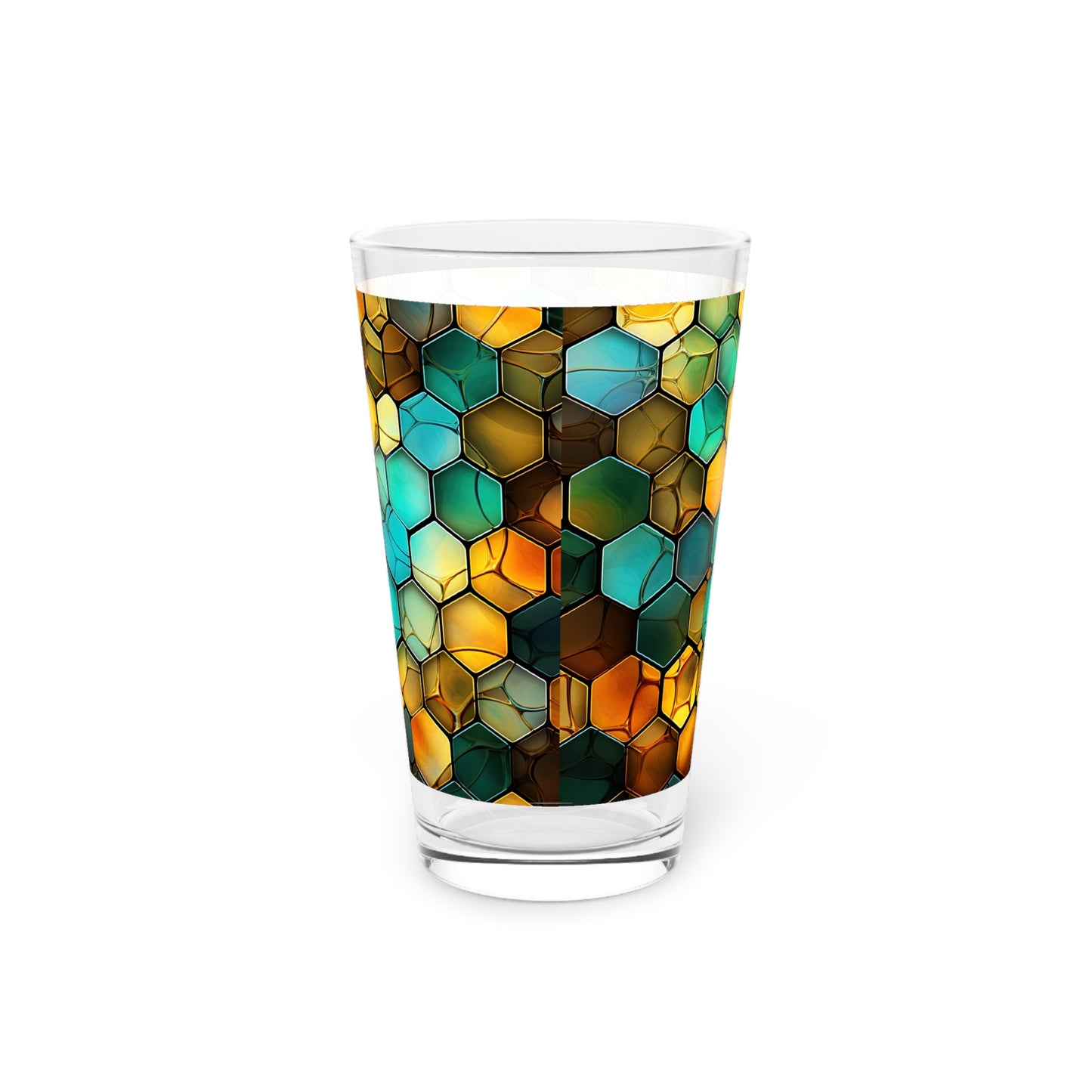 Buzzing Beauty: A Blue and Yellow Honeycomb Stained Glass Artwork on a 16oz Pint Glass Gift idea gifts for home decor housewarming gift