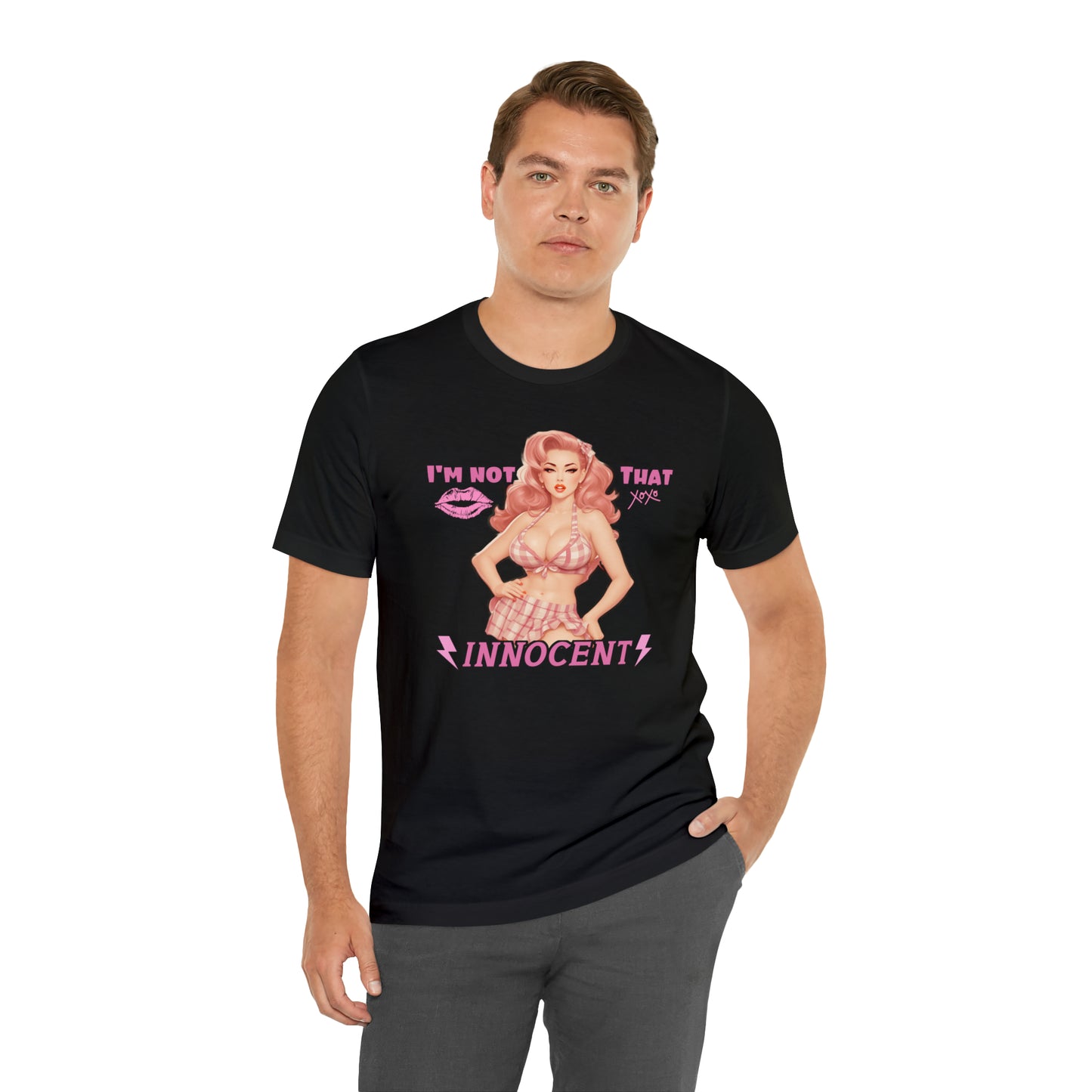 Timeless Elegance: Vintage Pink Pinup Girl "I'm not that Innocent on a Bella+Canva 3001 Unisex Jersey T-Shirt - A Must-Have Gift for her