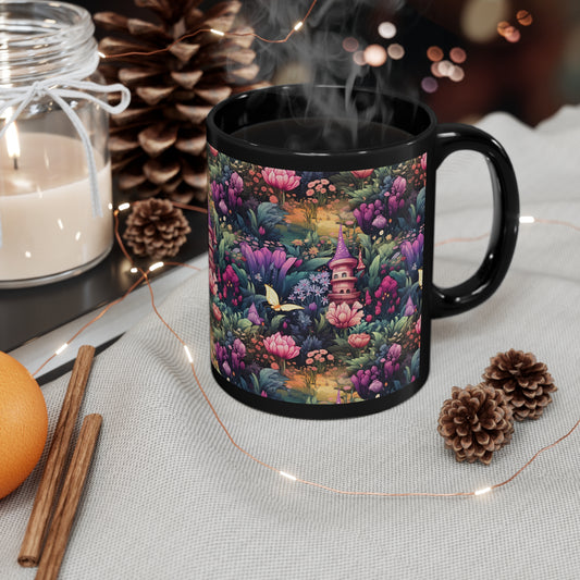 Fairy Garden With Pink & Purple Flowers in the Enchanted Forest Mug - Bringing Magic to Your Morning Brew" 11oz Black Mug Fairycore