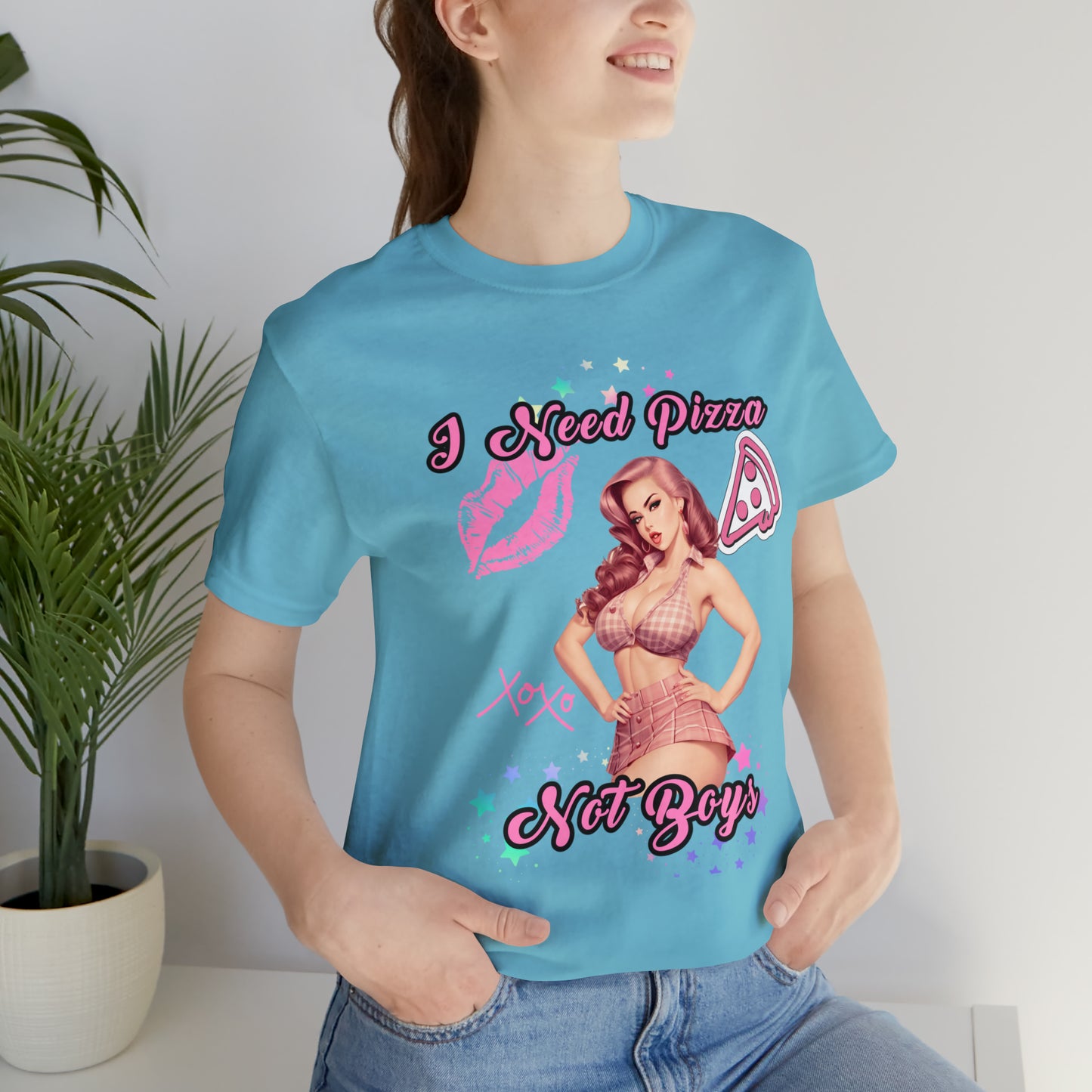 Vintage Pink Pinup Girl "I need Pizza Not Boys" on a Bella+Canva 3001 Unisex Jersey T-Shirt - A Must-Have Gift for her