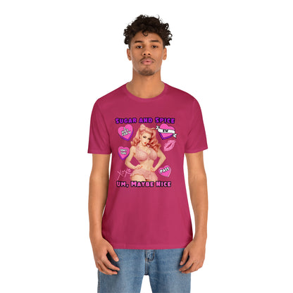 Sarcastic Elegance: Vintage Pink Pinup Girl "Sugar and Spice" on a Bella+Canva 3001 Unisex Jersey T-Shirt - A Must-Have Gift for her