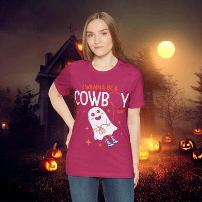 Little Ghost Saying I wanna be a cowboy baby Retro Groovy Western Halloween Unisex Jersey Short Sleeve Tee Gifts for Him Gifts for her.