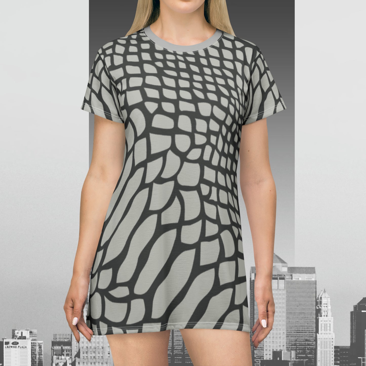 Light Grey Snakeskin Print T-Shirt Dress (AOP)