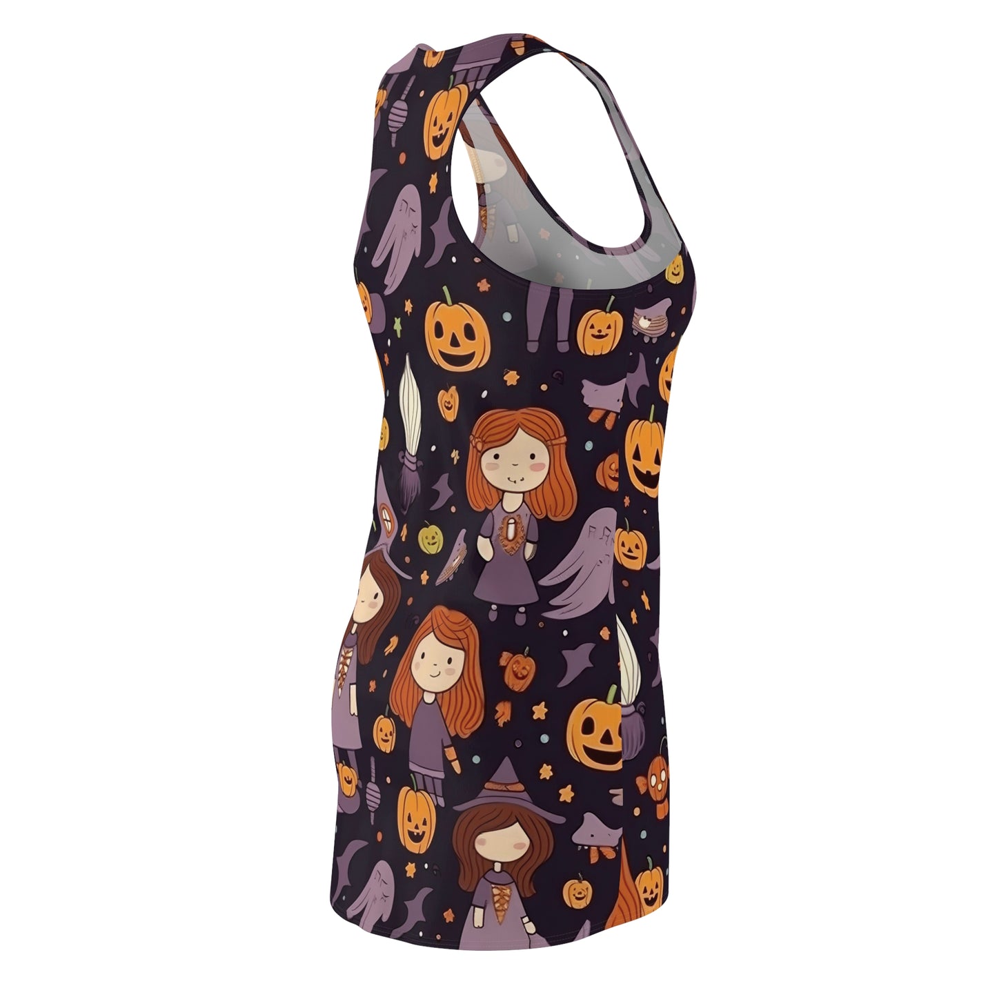 Halloween Trick or Treat Ghosts Witch Hats Jack o Lanterns Women's Cut & Sew Racerback Dress (AOP)