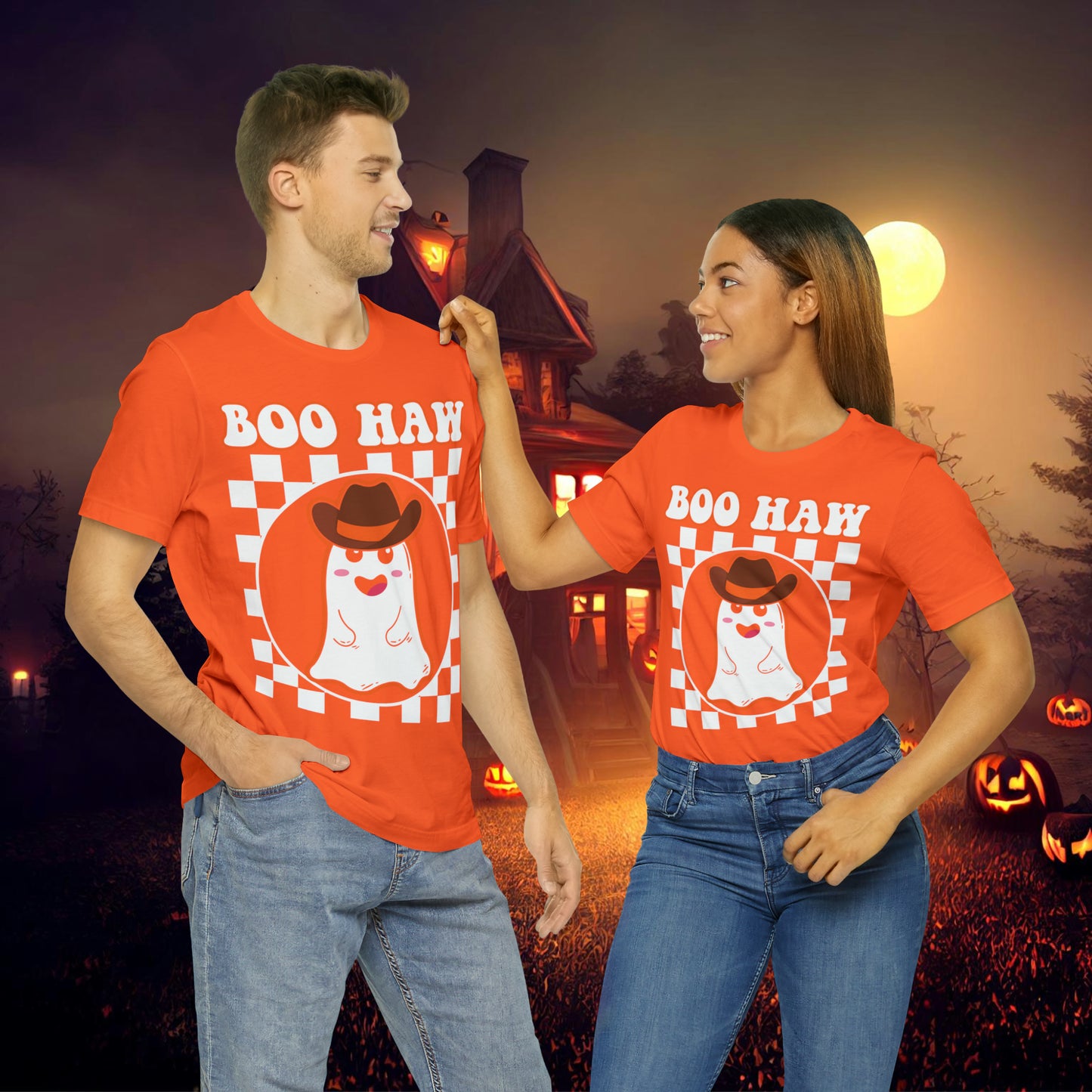 Cute Cowboy Ghost Saying Boo Haw Retro Groovy Western Halloween Unisex Jersey Short Sleeve Tee Gifts for Him Gifts For Her